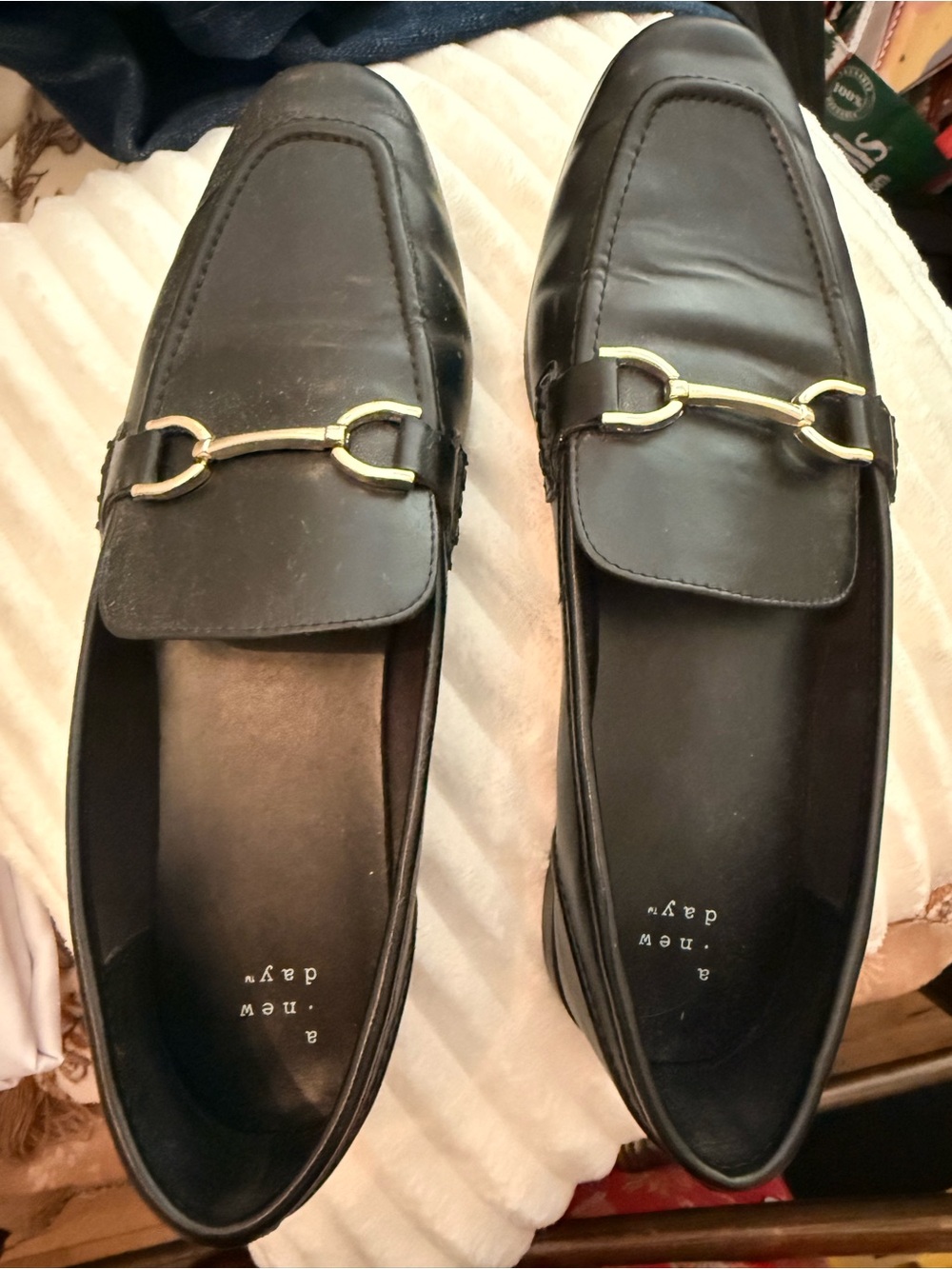 a new day Black Leather Women's Bit Loafers with Gold Accent